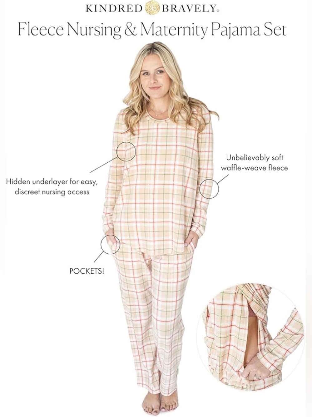 Kindred Bravely Fleece Plaid Nursing & Maternity Pajama Set, Size L